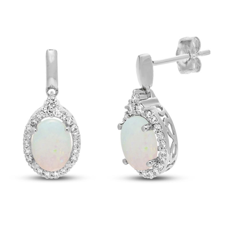 Main Image 1 of Opal & Diamond Earrings 1/5 ct tw Oval/Round-cut 10K White Gold