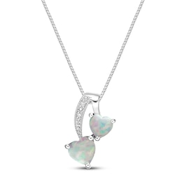Lab-Created Opal & Diamond Heart Necklace Heart/Round-cut Sterling Silver 18&quot;