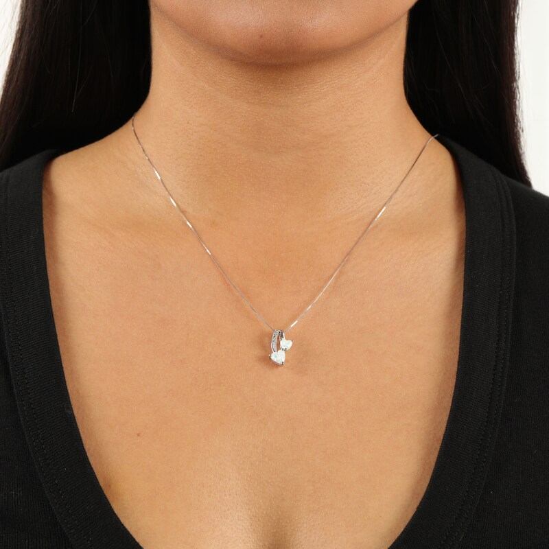 Main Image 3 of Lab-Created Opal & Diamond Heart Necklace Heart/Round-cut Sterling Silver 18&quot;