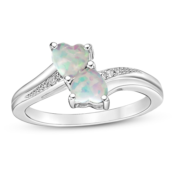 Lab-Created Opal & Diamond Heart Ring Heart/Round-cut Sterling Silver