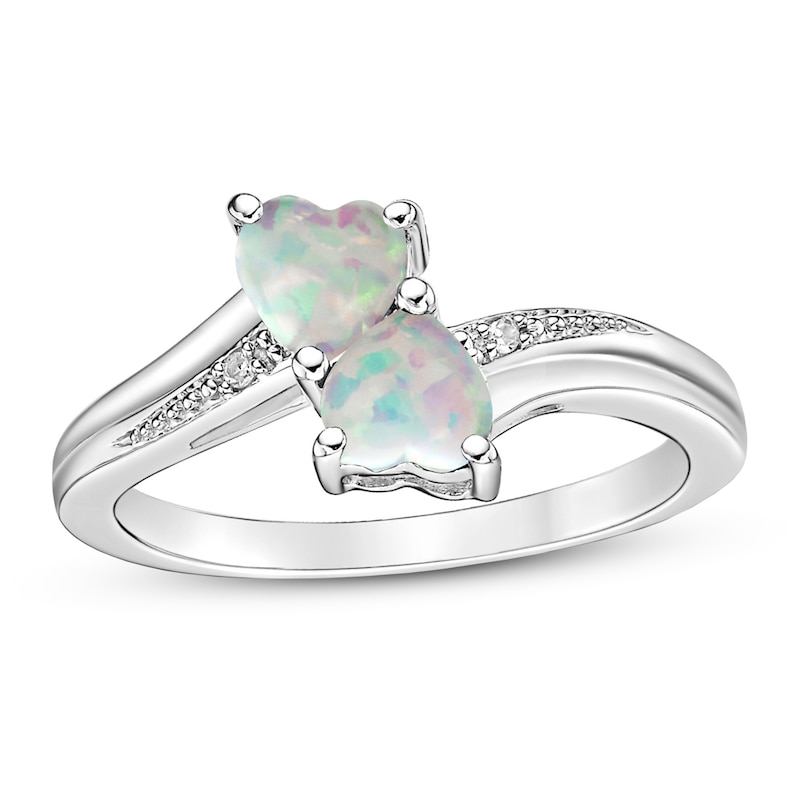 Main Image 1 of Lab-Created Opal & Diamond Heart Ring Heart/Round-cut Sterling Silver