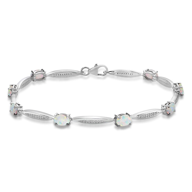 Lab-Created Opal & White Lab-Created Sapphire Bracelet Oval/Round-cut Sterling Silver