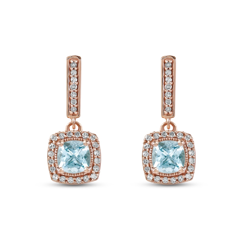 Aquamarine & Diamond Drop Earrings 1/8 ct tw Cushion/Round-cut 10K Rose Gold