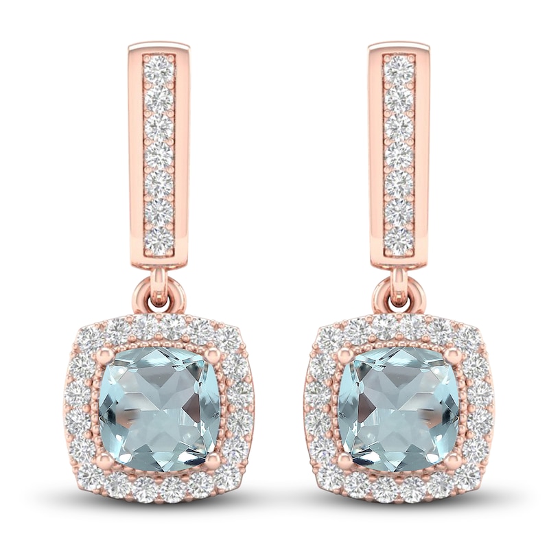 Aquamarine & Diamond Drop Earrings 1/8 ct tw Cushion/Round-cut 10K Rose Gold