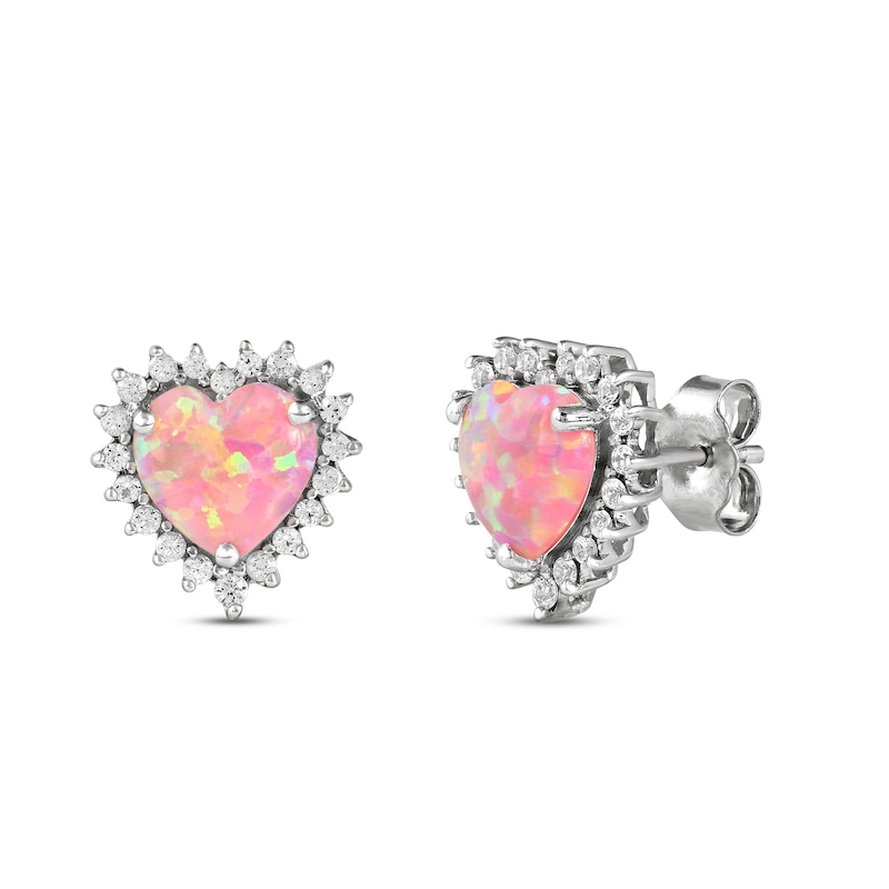 Main Image 1 of Pink Lab-Created Opal & White Lab-Created Sapphire Heart Earrings Sterling Silver