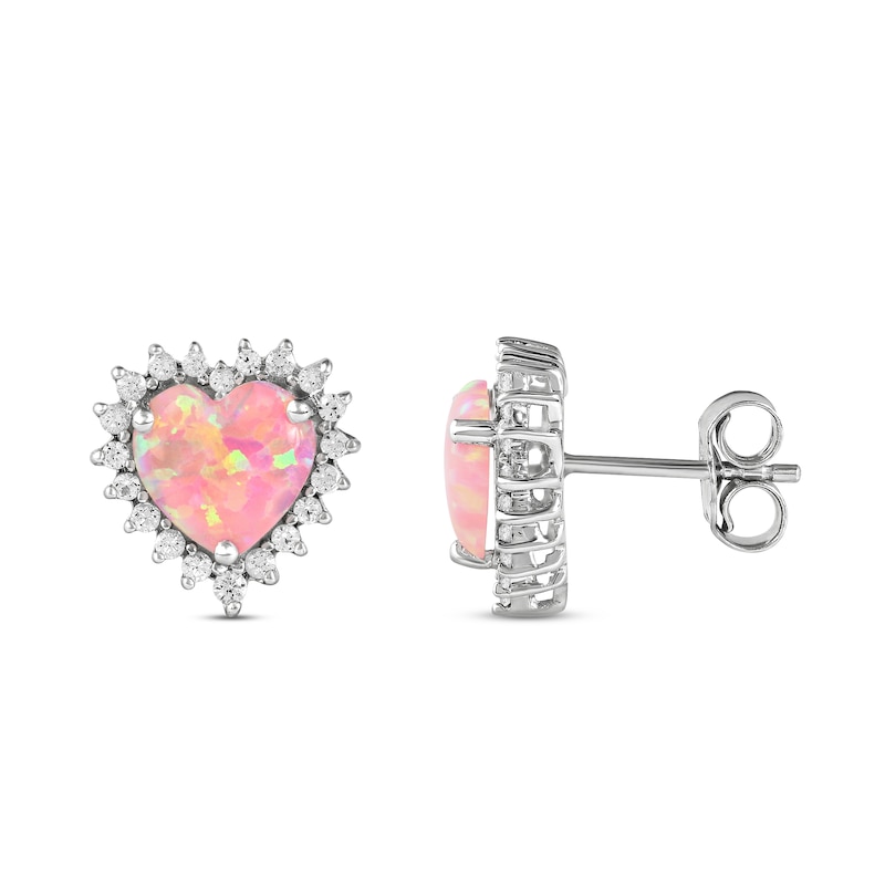 Main Image 3 of Pink Lab-Created Opal & White Lab-Created Sapphire Heart Earrings Sterling Silver