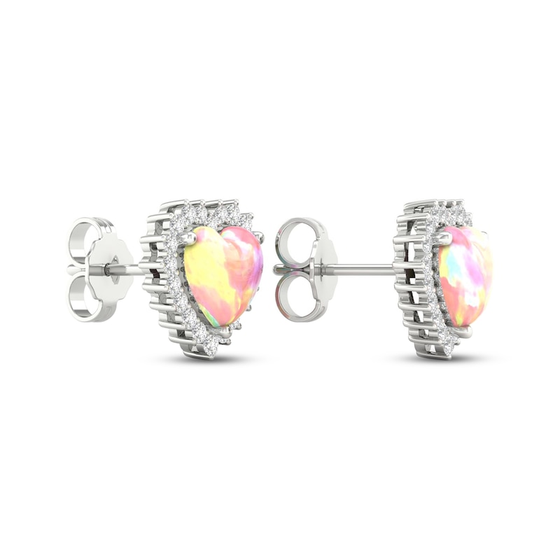Pink Lab-Created Opal & White Lab-Created Sapphire Heart Earrings Sterling Silver
