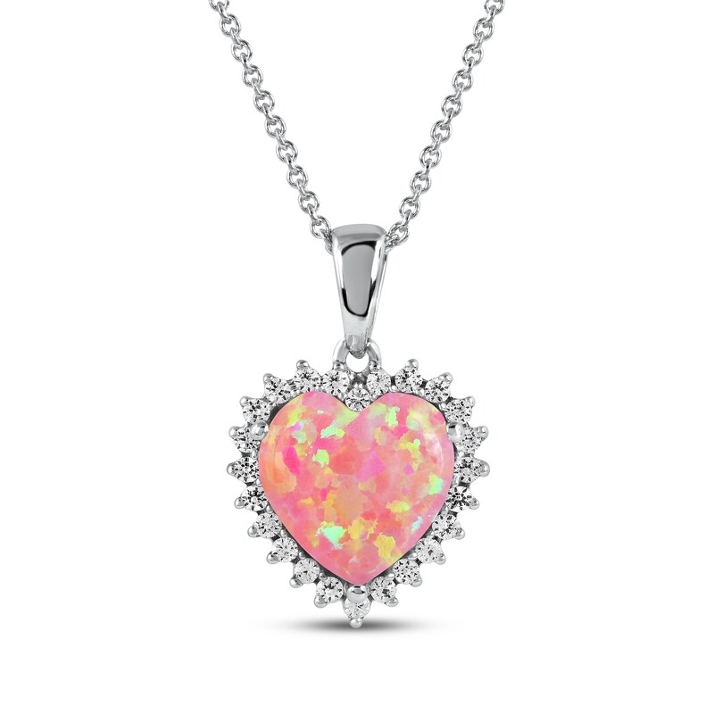 Pink Lab-Created Opal & White Lab-Created Sapphire Heart Necklace Sterling Silver 18"