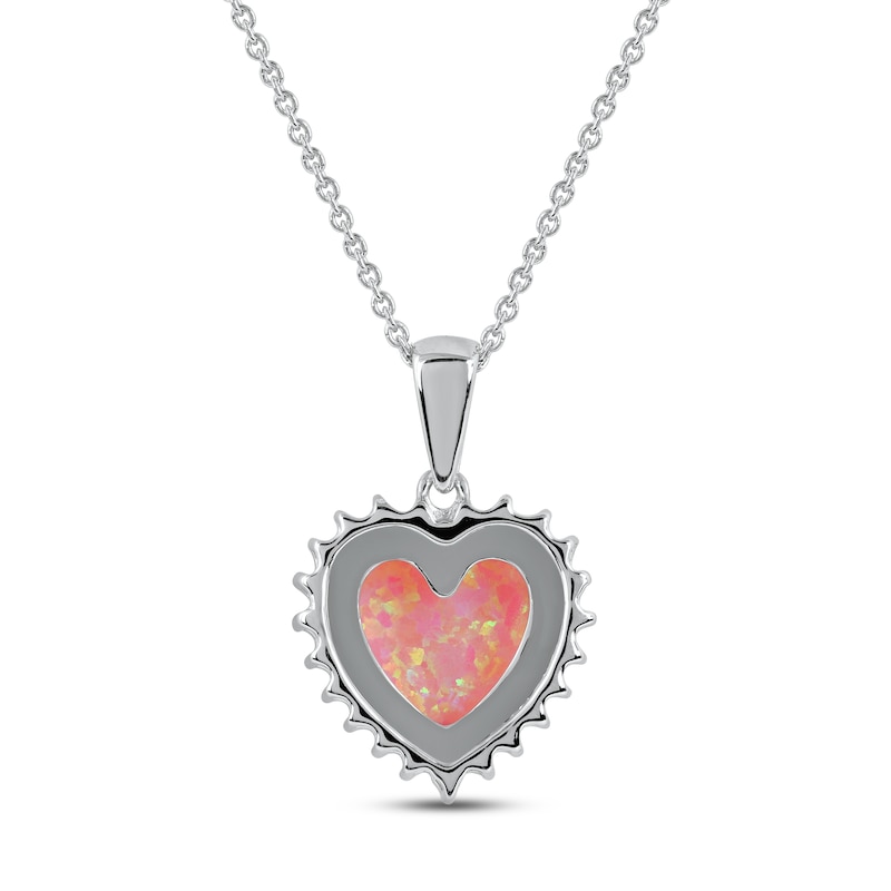 Pink Lab-Created Opal & White Lab-Created Sapphire Heart Necklace Sterling Silver 18"