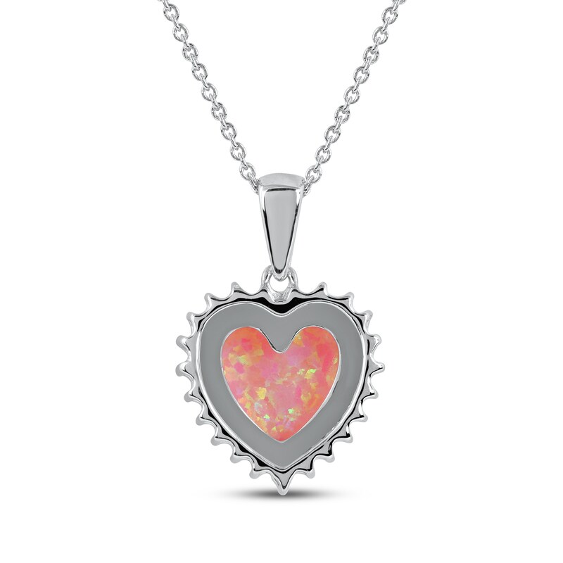 Pink Lab-Created Opal & White Lab-Created Sapphire Heart Necklace Sterling Silver 18"