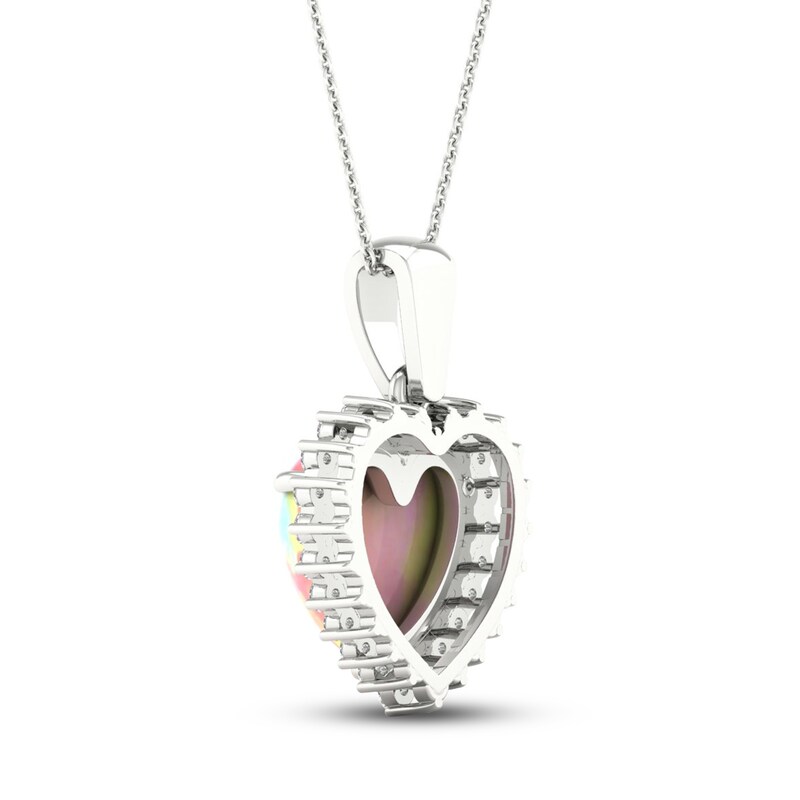 Pink Lab-Created Opal & White Lab-Created Sapphire Heart Necklace Sterling Silver 18"