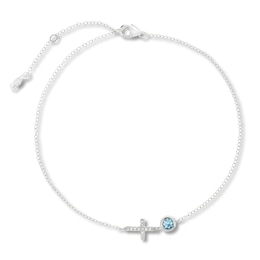 Swiss Blue Topaz & White Lab-Created Sapphire Cross Anklet Sterling Silver 11" Adjustable