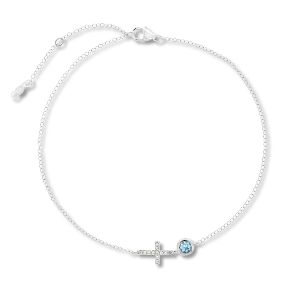 Swiss Blue Topaz & White Lab-Created Sapphire Cross Anklet Sterling Silver 11" Adjustable