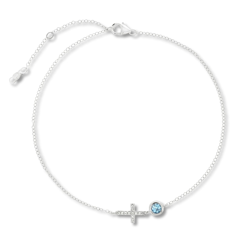 Main Image 1 of Swiss Blue Topaz & White Lab-Created Sapphire Cross Anklet Sterling Silver 11&quot; Adjustable