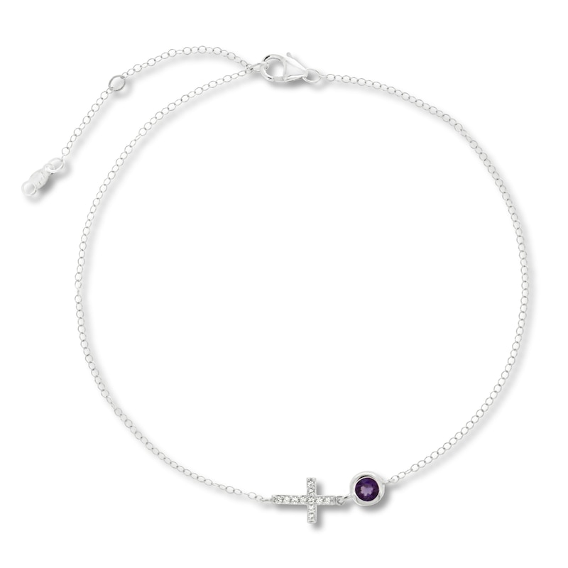 Amethyst & White Lab-Created Sapphire Cross Anklet Sterling Silver 11" Adjustable
