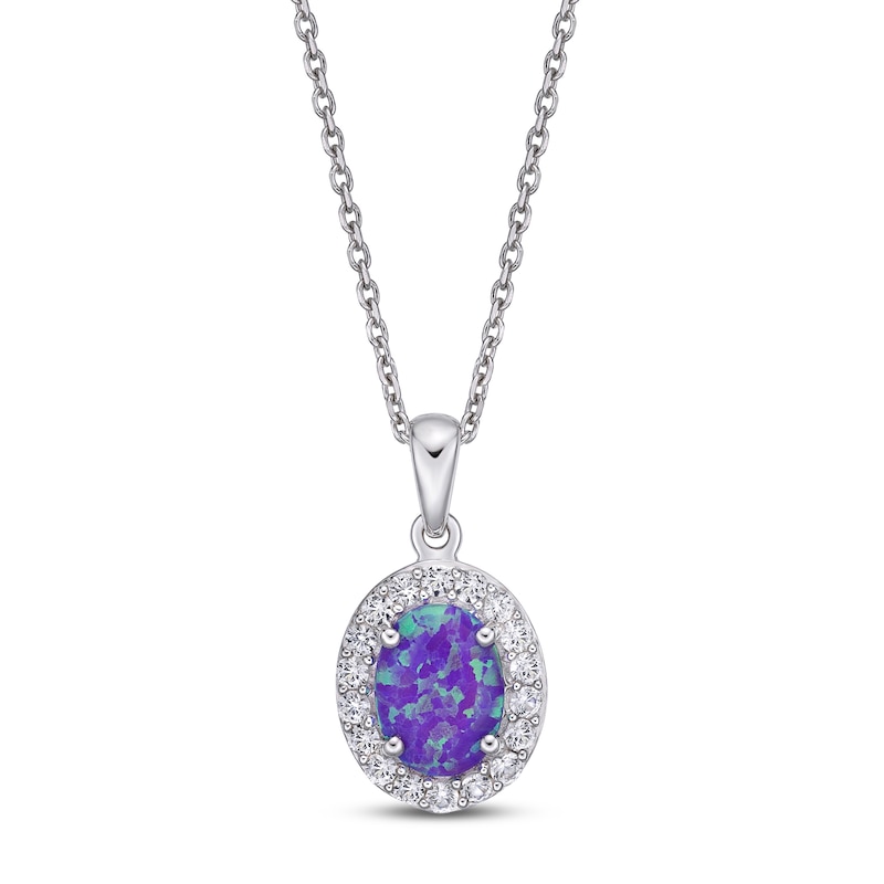 Lavender Lab-Created Opal & White Lab-Created Sapphire Necklace Sterling Silver 18"