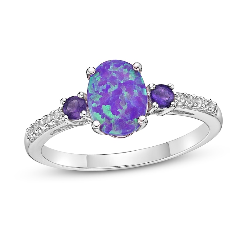 Main Image 1 of Lavender Lab-Created Opal/White Lab-Created Sapphire/Amethyst Ring Sterling Silver