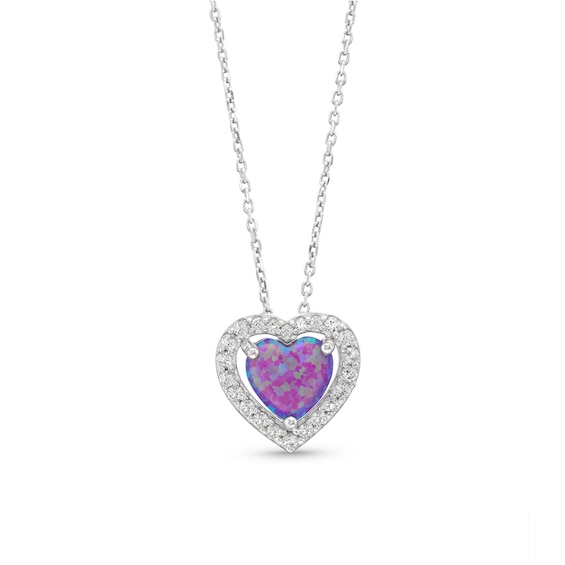 Lavender Lab-Created Opal & White Lab-Created Sapphire Heart Necklace Sterling Silver 18"