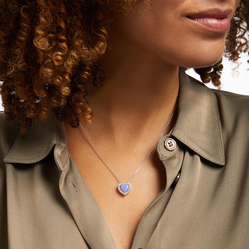 Main Image 4 of Lavender Lab-Created Opal & White Lab-Created Sapphire Heart Necklace Sterling Silver 18&quot;