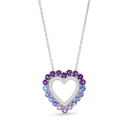 Vibrant Shades Amethyst, Tanzanite, White Lab-Created Sapphire Heart Necklace Sterling Silver 18&quot;