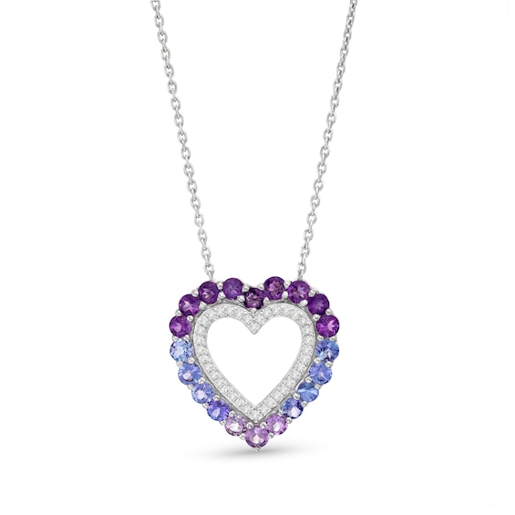 Vibrant Shades Amethyst, Tanzanite, White Lab-Created Sapphire Heart Necklace Sterling Silver 18"