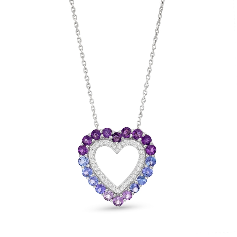 Main Image 1 of Vibrant Shades Amethyst, Tanzanite, White Lab-Created Sapphire Heart Necklace Sterling Silver 18&quot;
