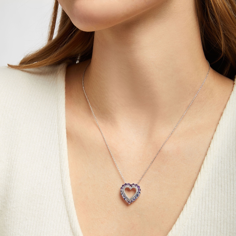 Main Image 3 of Vibrant Shades Amethyst, Tanzanite, White Lab-Created Sapphire Heart Necklace Sterling Silver 18&quot;