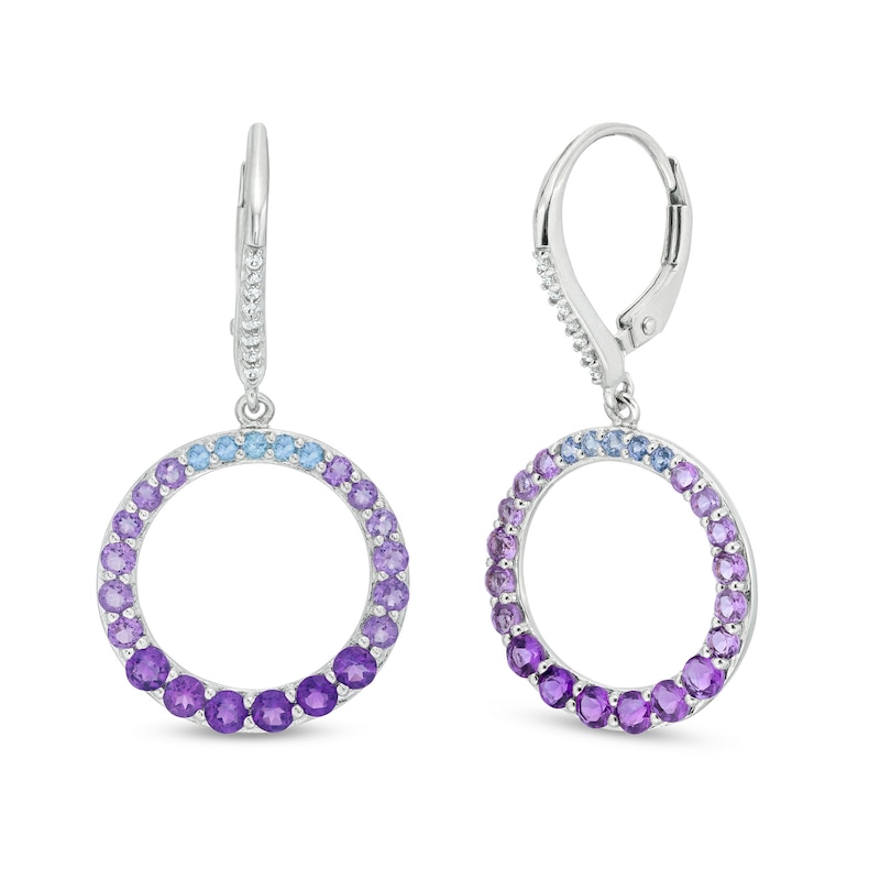 Vibrant Shades Amethyst, Tanzanite, White Lab-Created Sapphire Dangle Earrings Sterling Silver