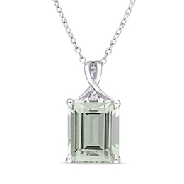 Green Quartz & White Topaz Necklace Octagon/Round-Cut Sterling Silver 18"