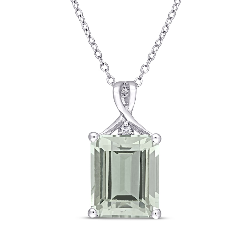 Green Quartz & White Topaz Necklace Octagon/Round-Cut Sterling Silver 18"