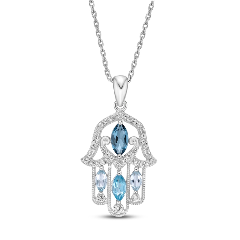 Blue Topaz & White Lab-Created Sapphire Hamsa Necklace Sterling Silver 18"