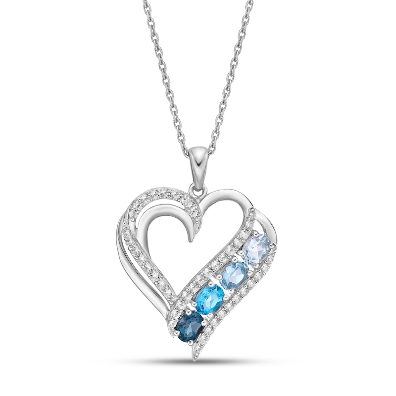 Main Image 1 of Vibrant Shades Aquamarine, Blue Topaz, White Lab-Created Sapphire Heart Necklace Oval, Round-Cut Sterling Silver 18&quot;
