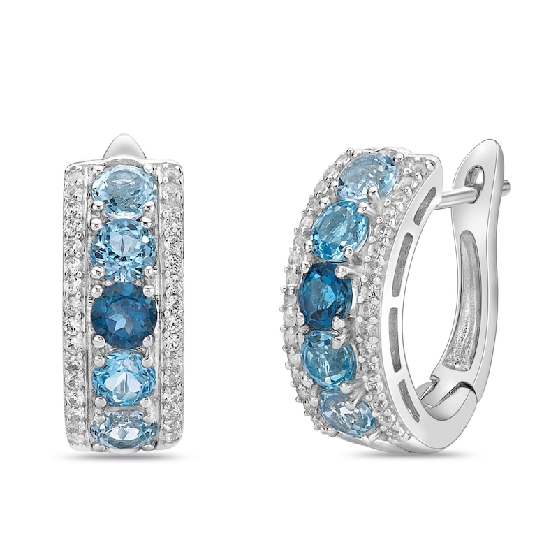 Vibrant Shades Blue Topaz & White Lab-Created Sapphire Huggie Hoop Earrings Round-Cut Sterling Silver