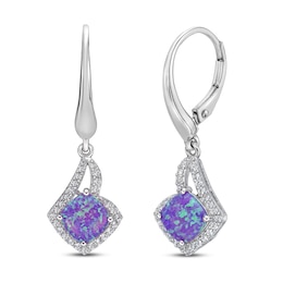 Lavender Lab-Created Opal & White Lab-Created Sapphire Drop Earrings Sterling Silver