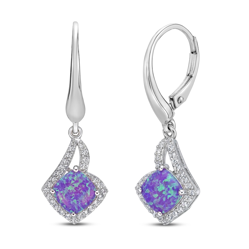 Lavender Lab-Created Opal & White Lab-Created Sapphire Drop Earrings Sterling Silver