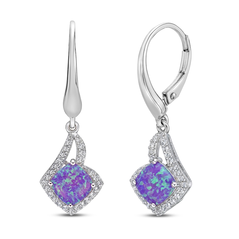 Main Image 1 of Lavender Lab-Created Opal & White Lab-Created Sapphire Drop Earrings Sterling Silver