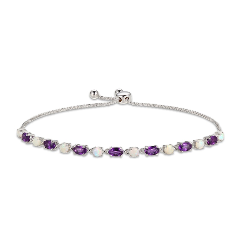 Amethyst & Opal Bolo Bracelet Oval/Round-Cut Sterling Silver 9.5"