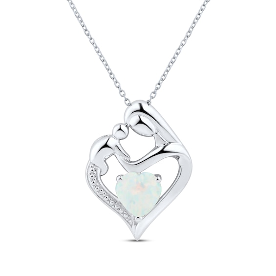 Lab-Created Opal & Diamond Mother/Child Necklace Sterling Silver 18"