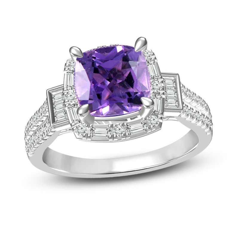 Amethyst & Diamond Ring 5/8 ct tw Cushion, Baguette & Round-Cut 14K White Gold