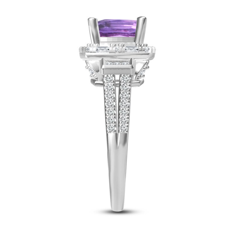 Main Image 2 of Amethyst & Diamond Ring 5/8 ct tw Cushion, Baguette & Round-Cut 14K White Gold