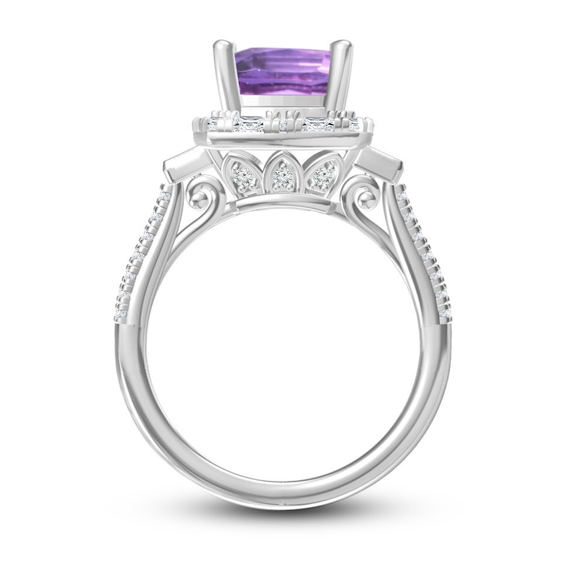 Amethyst & Diamond Ring 5/8 ct tw Cushion, Baguette & Round-Cut 14K White Gold