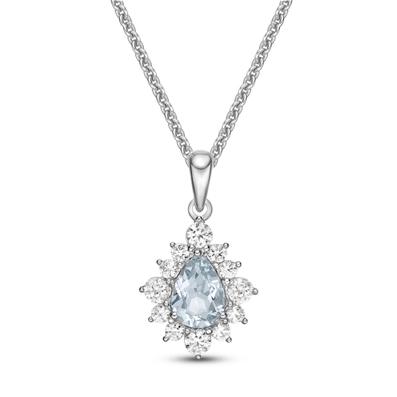 Aquamarine & White Lab-Created Sapphire Necklace Sterling Silver 18"