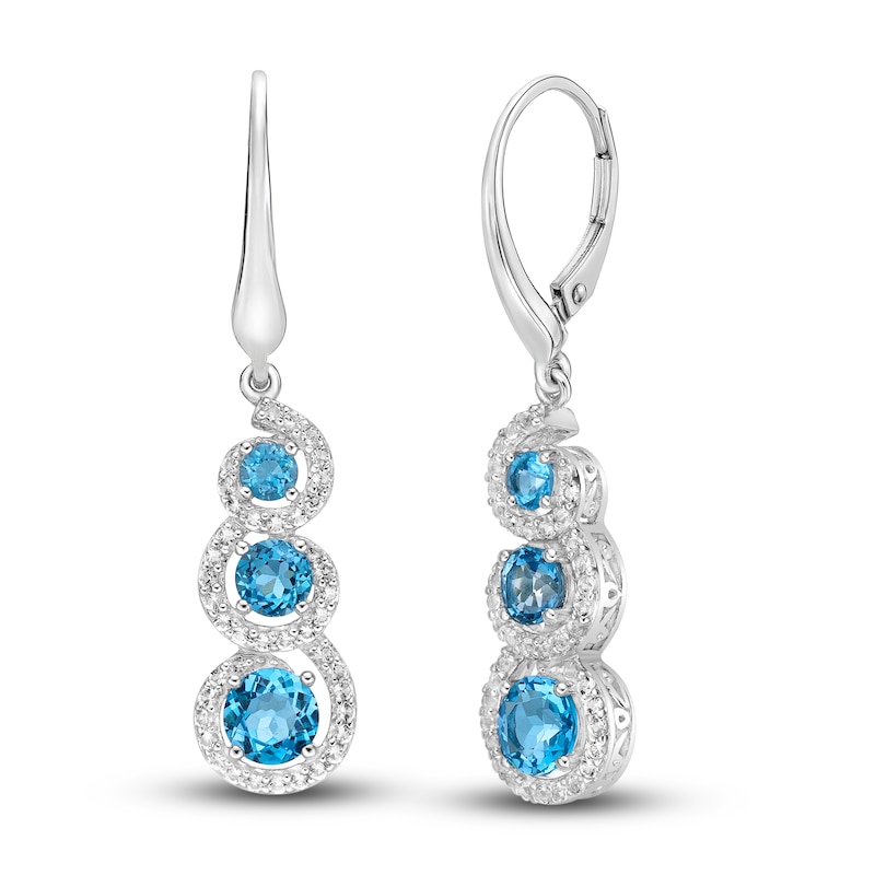 Blue/White Topaz Three-Stone Dangle Earrings Sterling Silver
