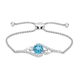 Swiss Blue Topaz & White Topaz Bolo Bracelet Sterling Silver