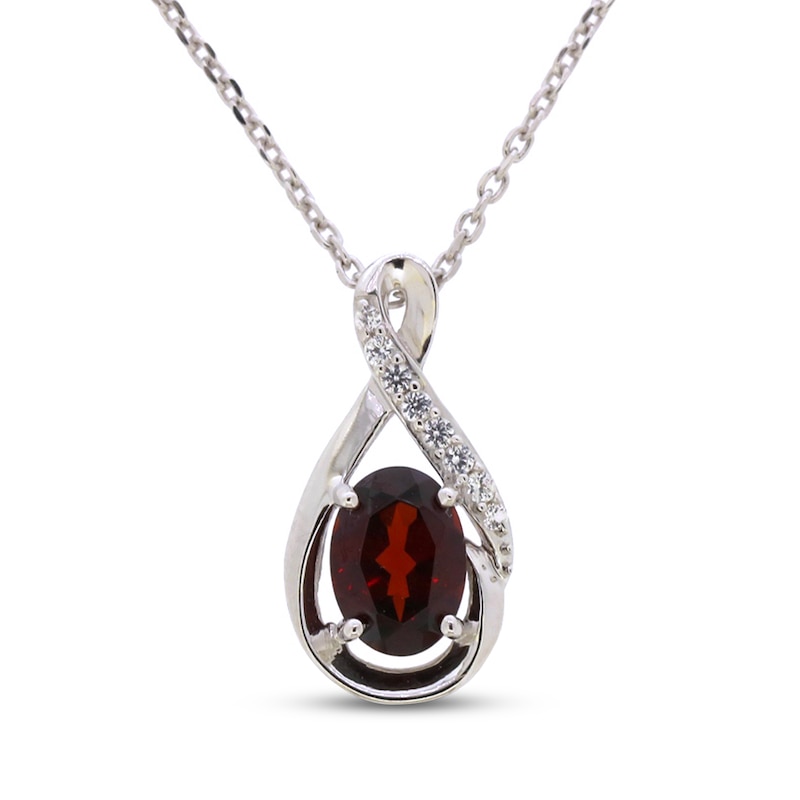 Main Image 1 of Garnet & White Lab-Created Sapphire Necklace Sterling Silver 18"
