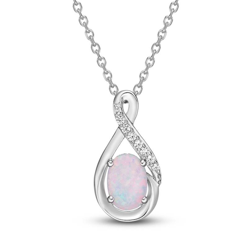 Main Image 1 of Lab-Created Opal & White Lab-Created Sapphire Necklace Sterling Silver 18&quot;