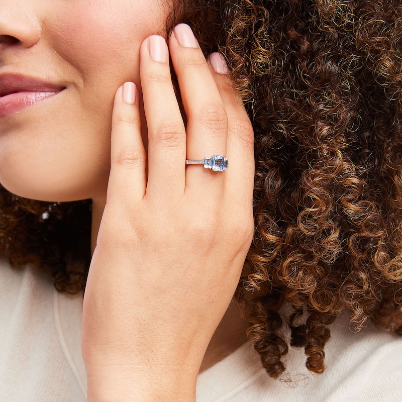 Main Image 4 of Aquamarine & White Lab-Created Sapphire Ring Sterling Silver