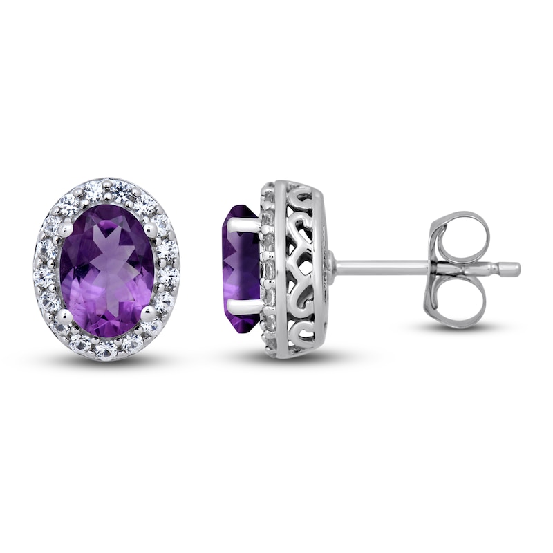 Amethyst & White Lab-Created Sapphire Stud Earrings Sterling Silver with 360