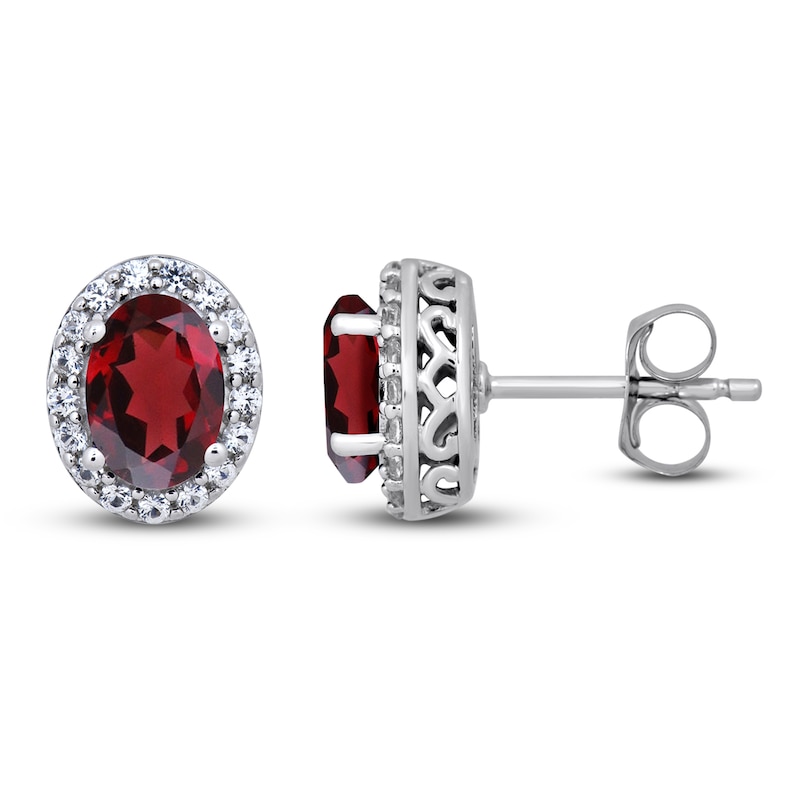 Main Image 1 of Garnet & White Lab-Created Stud Earrings Sterling Silver