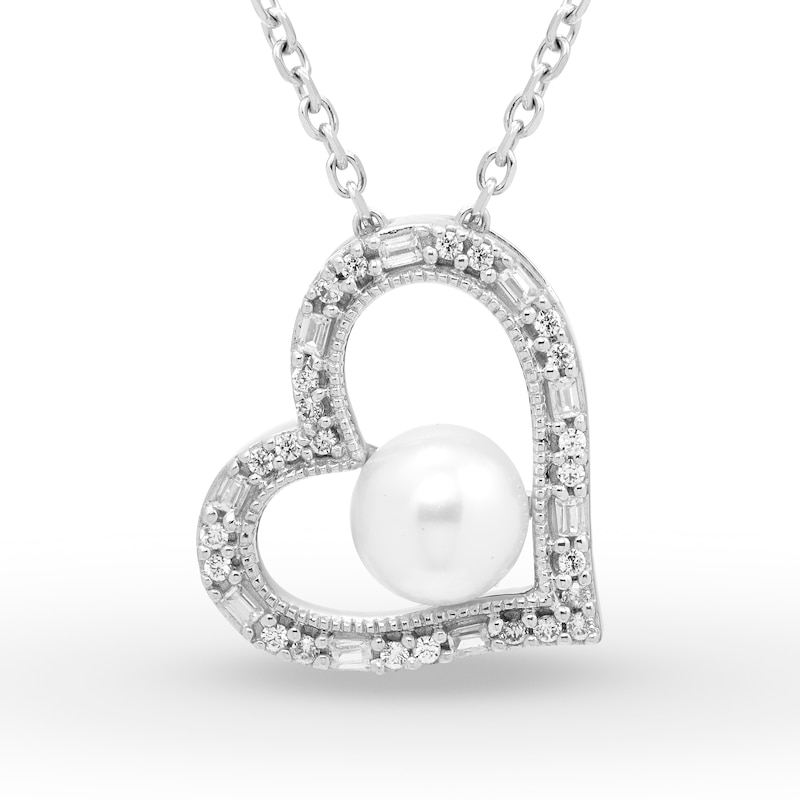 Neil Lane Diamond & Cultured Pearl Heart Necklace 1/10 ct tw Round/Baguette Sterling Silver 18"